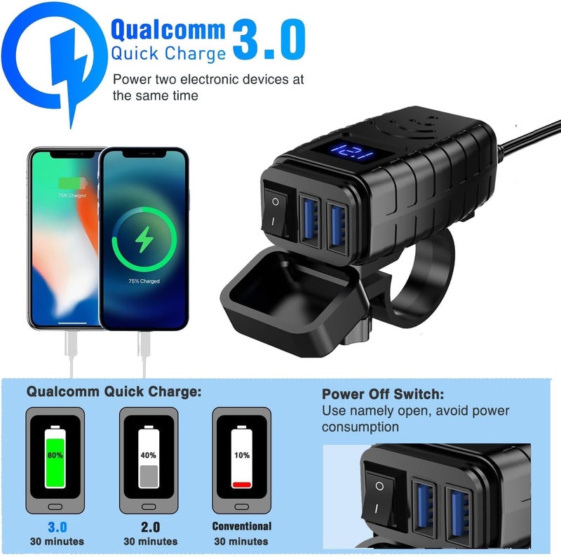 HAOQUOOU Motorcycle Phone Charger,Quick Charge 3.0 Dual USB Motorcycle Phone Charger with Voltmeter & ON/Off Switch,Waterproof Motorcycle Accessories for Phone, Tablet, GPS, etc - Image 4